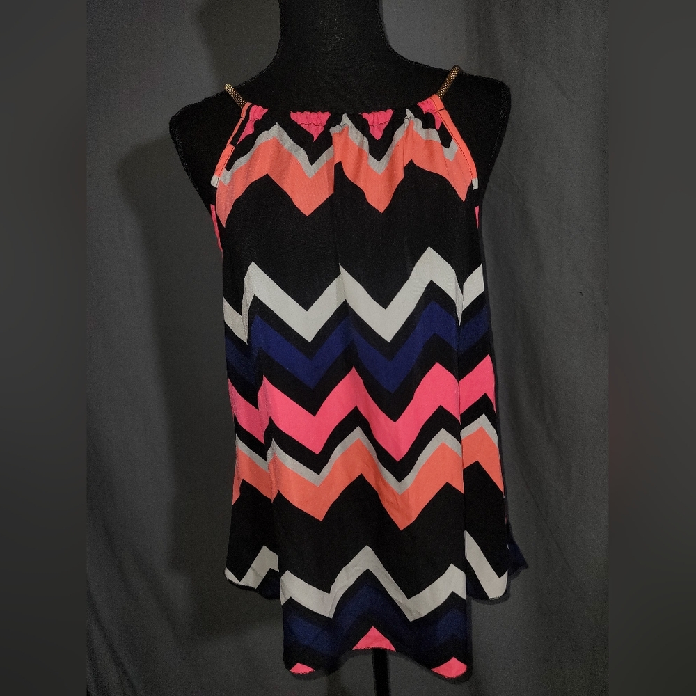 Rue21 Black Chevron Halter Tank with Coral, Pink & Navy